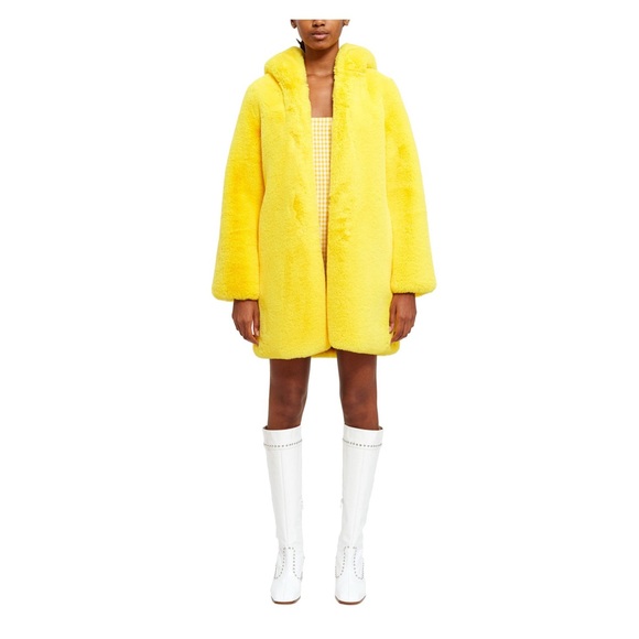 LEMONPLET by Choyo Teddy Faux Fur Hoodie Coat Vibrant Yellow S Fuzzy Cozy Cute - Picture 1 of 14